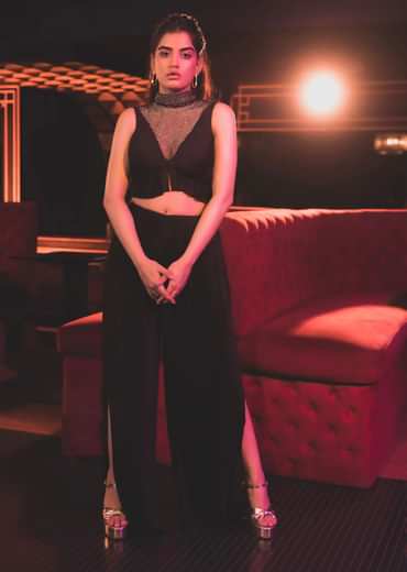 Black Butterfly Mesh Blouse And Palazzo Set In Satin