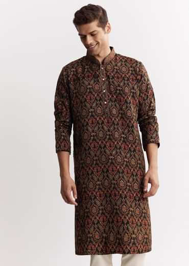 Black Chanderi Printed Kurta Set With Mandarin Collar