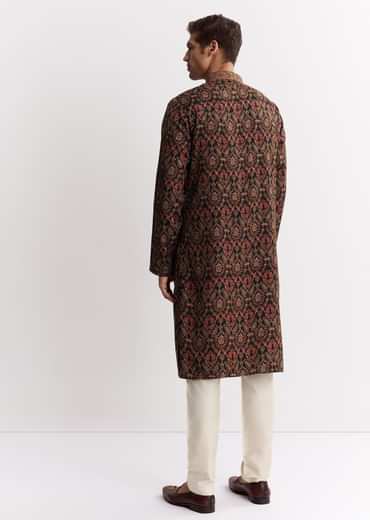 Black Chanderi Printed Kurta Set With Mandarin Collar