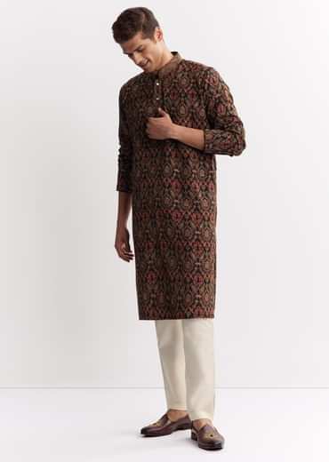 Black Chanderi Printed Kurta Set With Mandarin Collar