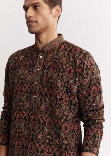 Black Chanderi Printed Kurta Set With Mandarin Collar