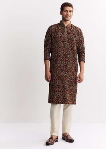 Black Chanderi Printed Kurta Set With Mandarin Collar