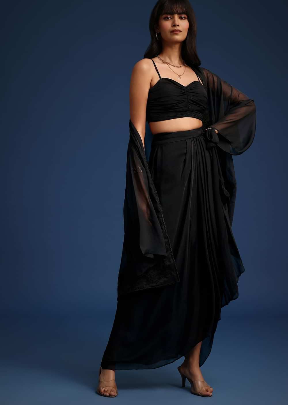 Black Chiffon Asymmetrical Skirt And Jacket Set