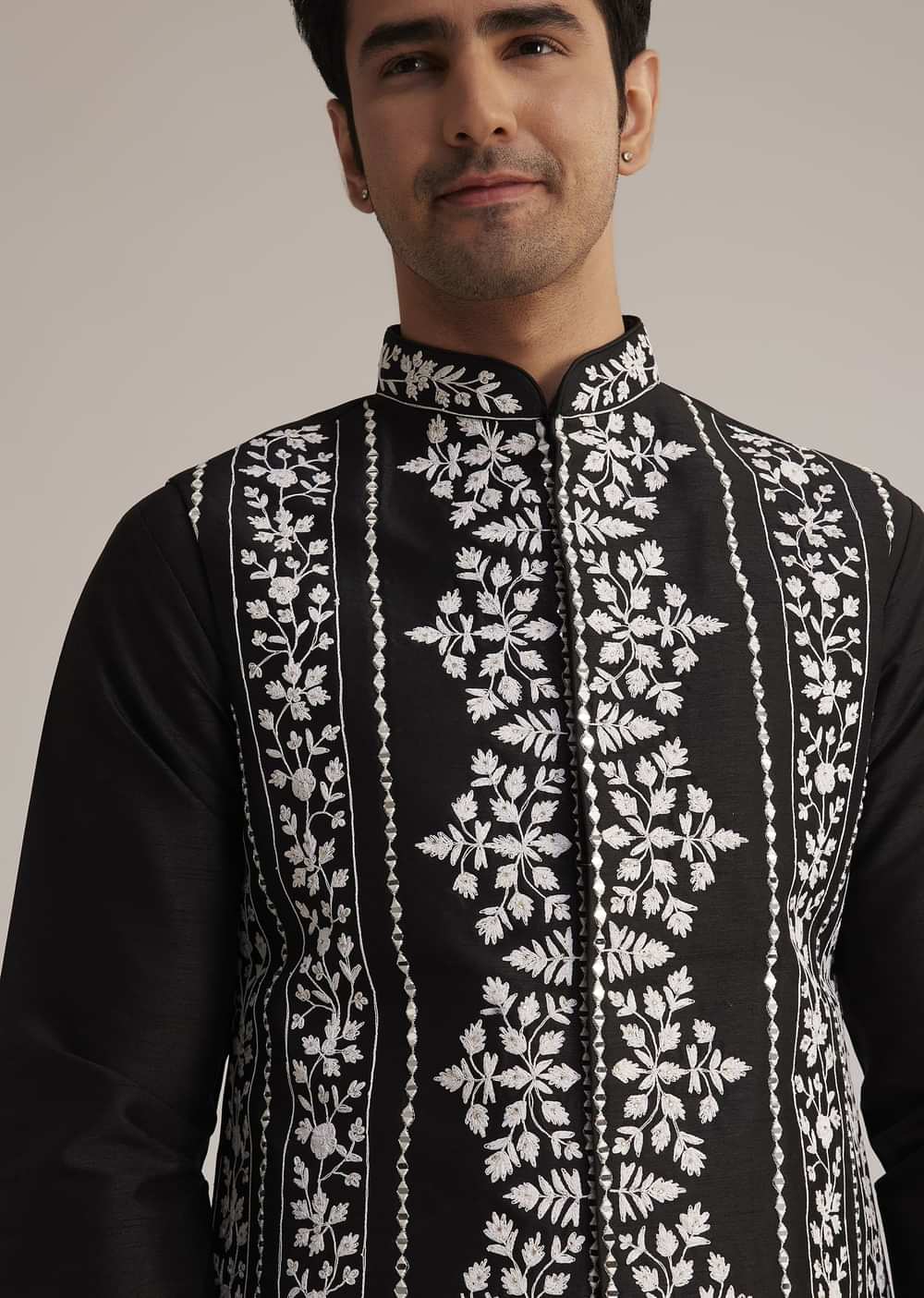 Black Cotton Silk Embroidered Jacket Kurta Set