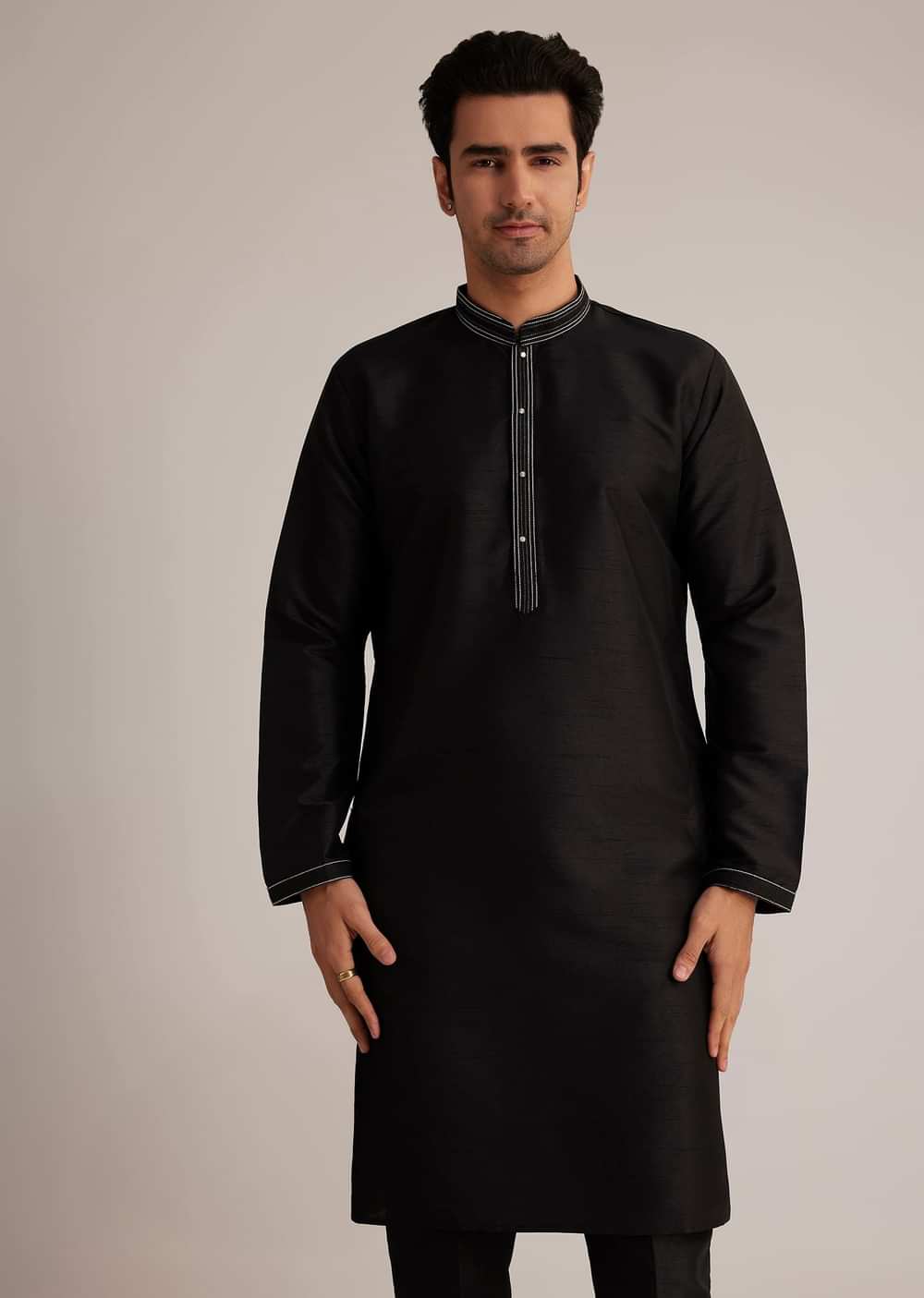 Black Cotton Silk Embroidered Jacket Kurta Set