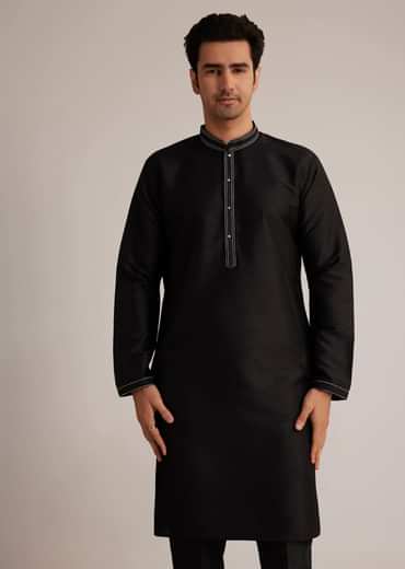 Black Cotton Silk Embroidered Jacket Kurta Set