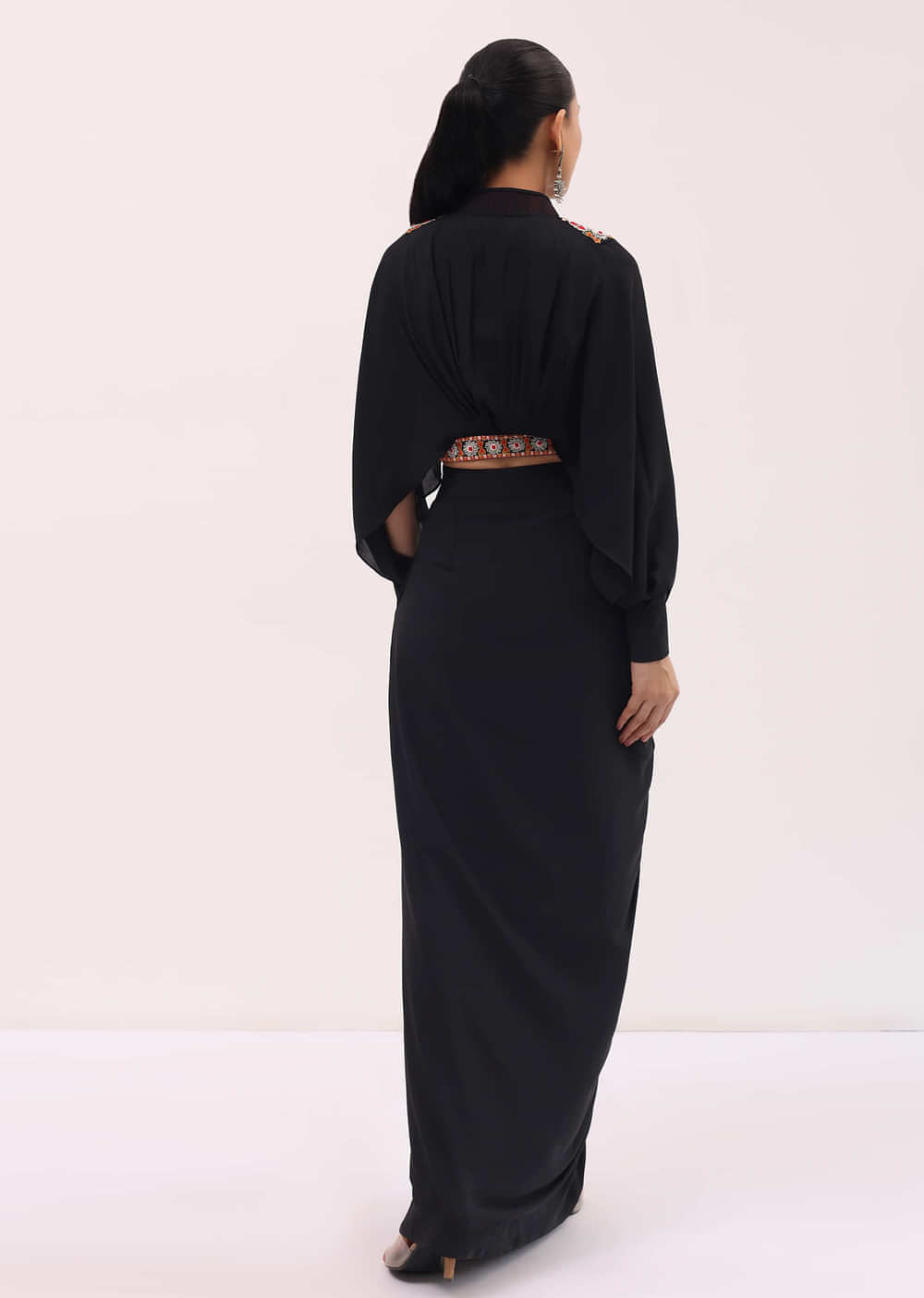 Black Crepe Crop Top And Skirt In Resham Work