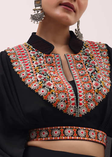 Black Crepe Crop Top And Skirt In Resham Work