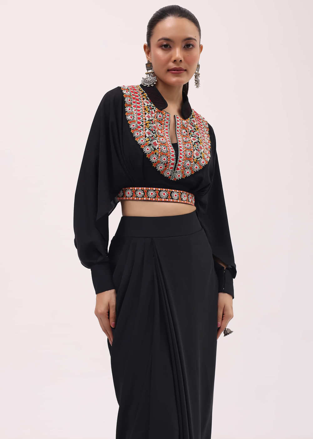 Black Crepe Crop Top And Skirt In Resham Work