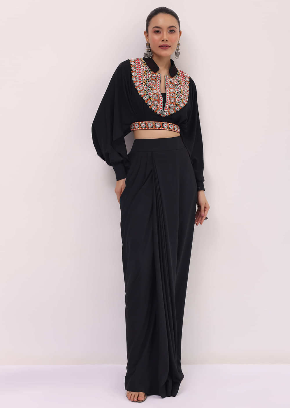 Black Crepe Crop Top And Skirt In Resham Work