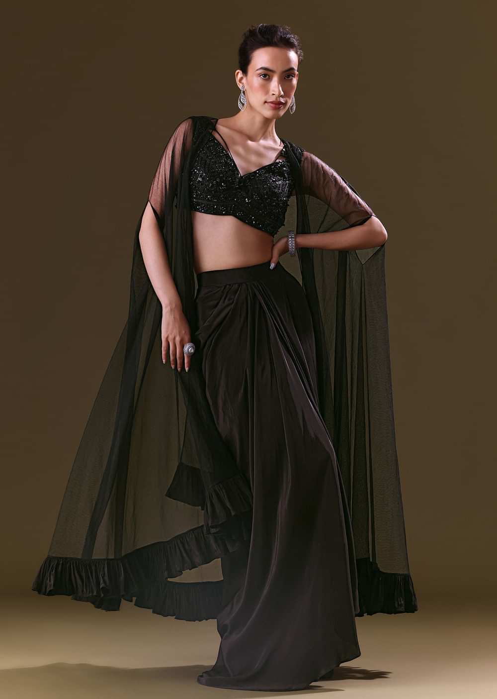 Black Crepe Drape Skirt Choli And Tulle Cape Set
