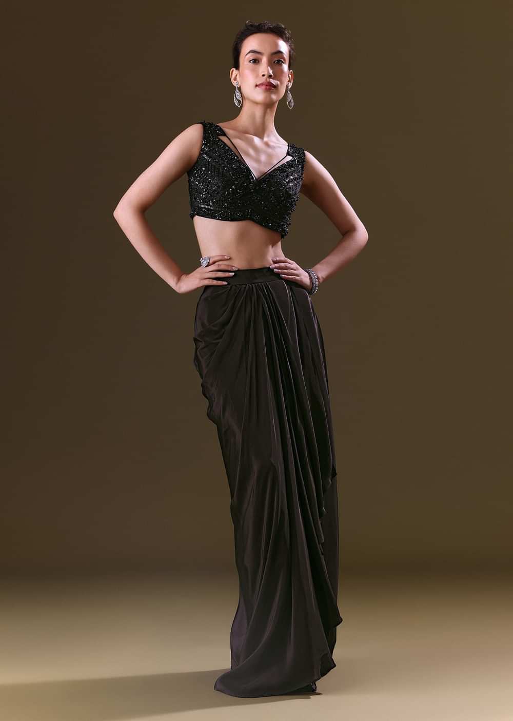 Black Crepe Drape Skirt Choli And Tulle Cape Set