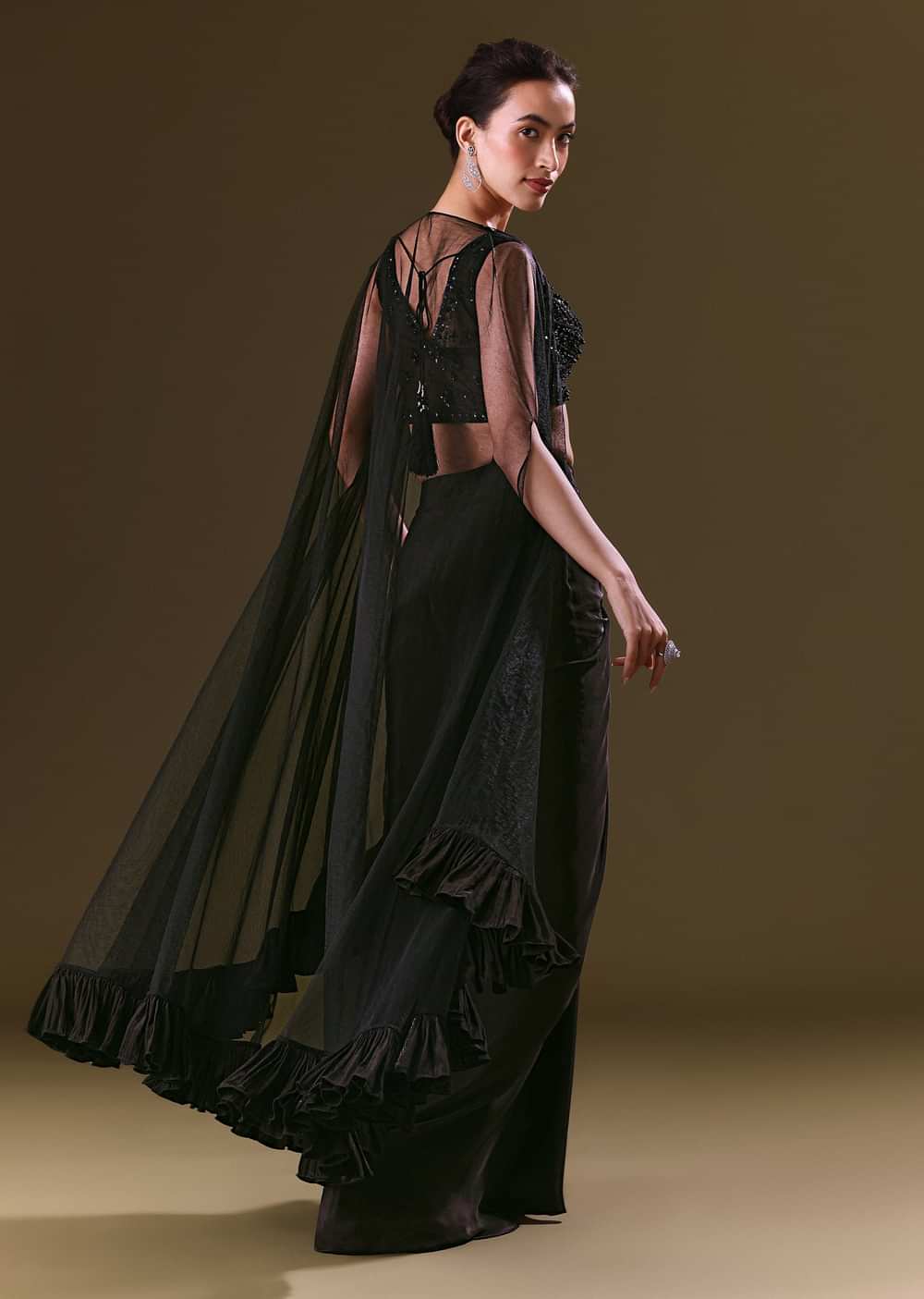 Black Crepe Drape Skirt Choli And Tulle Cape Set