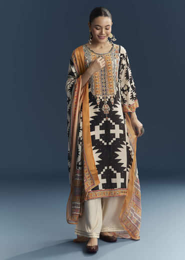 Black Crepe Printed Kurta Set