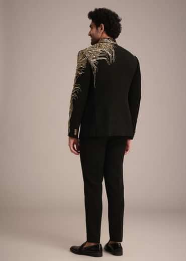 Black Crepe Tuxedo Suit With Hand Work