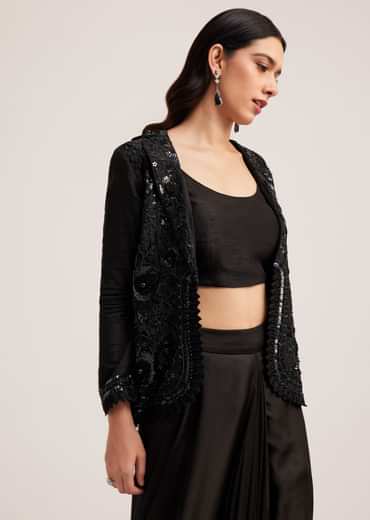 Black Crop Top Skirt And Embellished Jacket Set