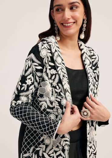 Black Crop Top Skirt And Embroidered Jacket Set