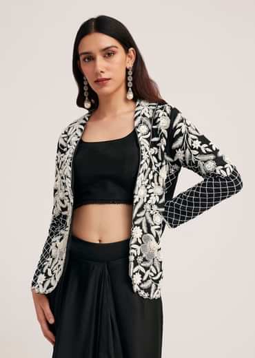Black Crop Top Skirt And Embroidered Jacket Set