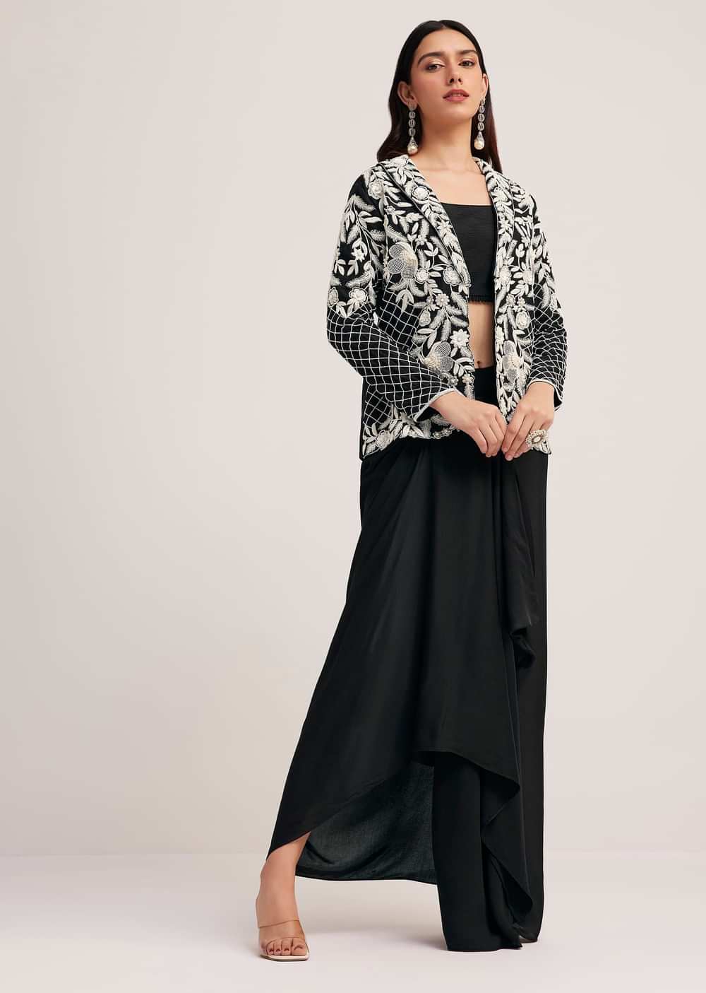 Black Crop Top Skirt And Embroidered Jacket Set