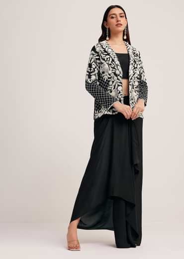 Black Crop Top Skirt And Embroidered Jacket Set