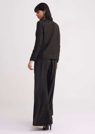 Black Crop Top With Flared Satin Palazzo