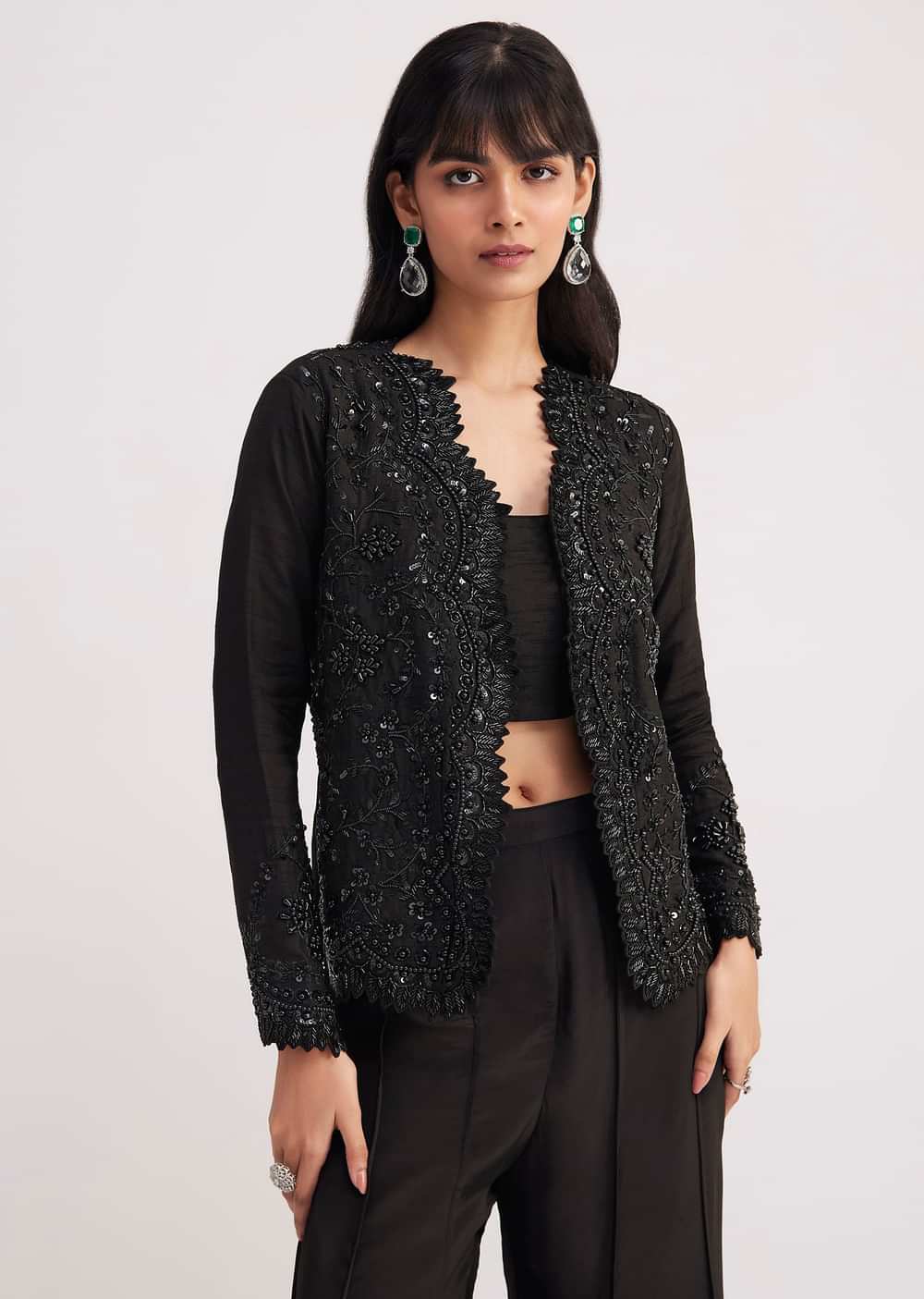 Black Crop Top With Flared Satin Palazzo
