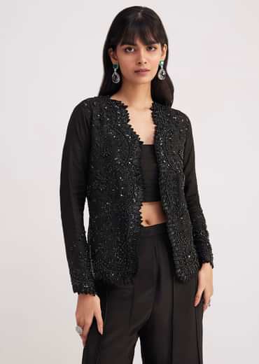 Black Crop Top With Flared Satin Palazzo