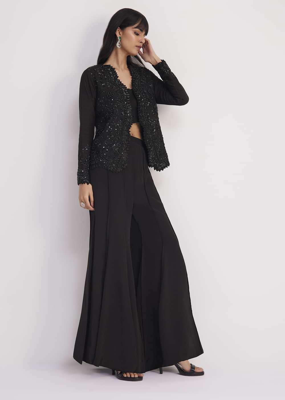 Black Crop Top With Flared Satin Palazzo