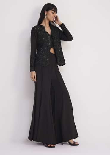 Black Crop Top With Flared Satin Palazzo