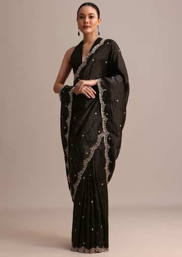 Black Crushed Tissue Saree With Sequin And Cutdana Embroidered Border