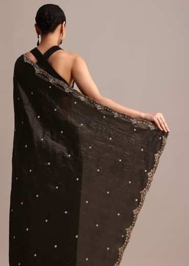Black Crushed Tissue Saree With Sequin And Cutdana Embroidered Border