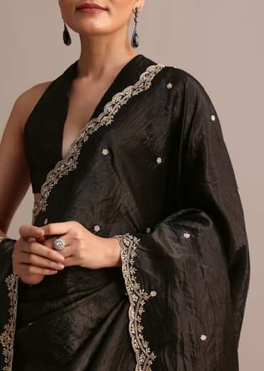 Black Crushed Tissue Saree With Sequin And Cutdana Embroidered Border