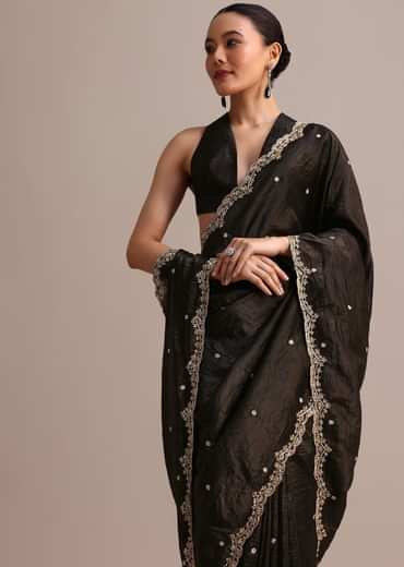 Black Crushed Tissue Saree With Sequin And Cutdana Embroidered Border