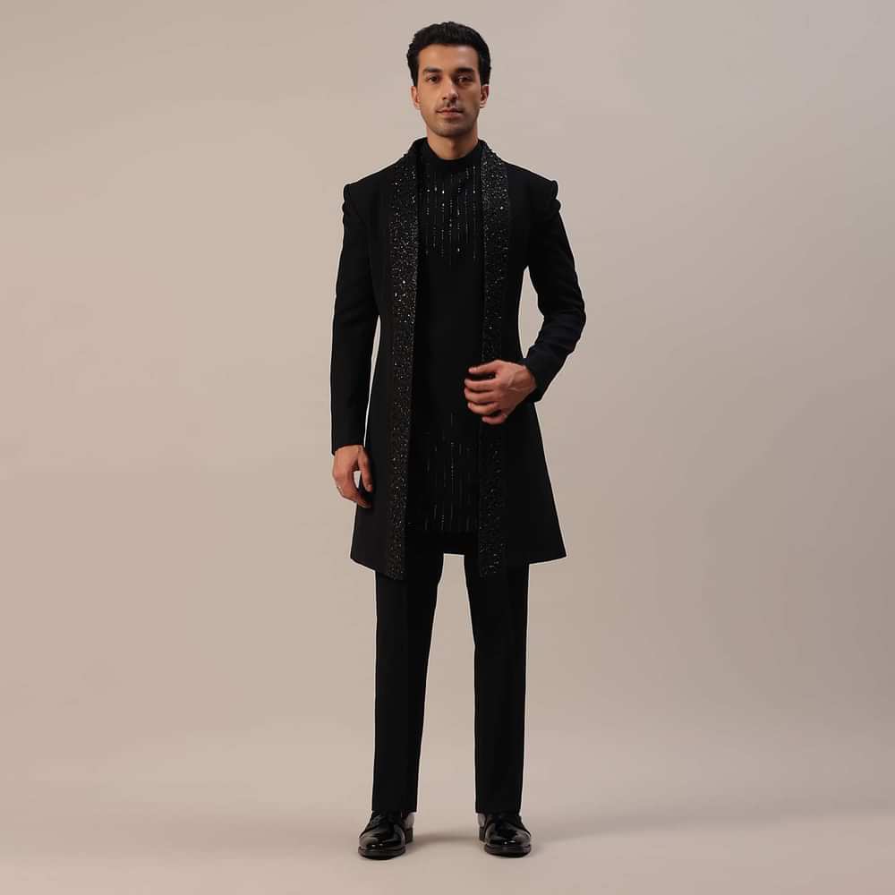 Black Cut Dana And Sequins Embroidered Indowestern In Suiting Fabric