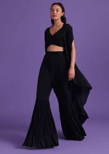 Black Cut Dana Embroidered Sharara And Blouse Set With Shrug in Satin