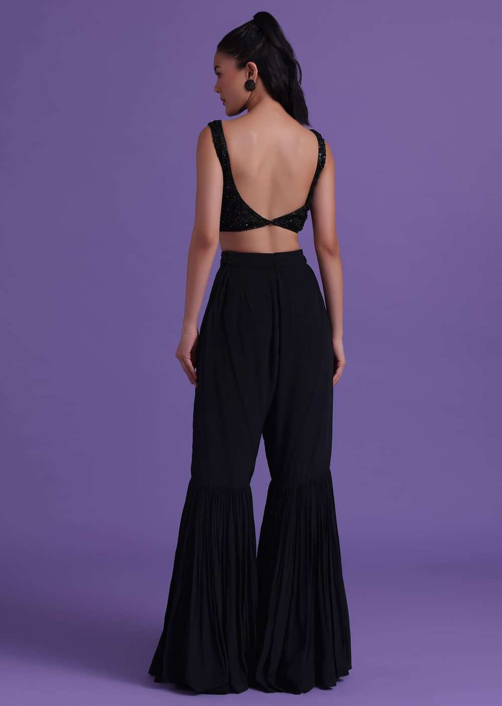 Black Cut Dana Embroidered Sharara And Blouse Set With Shrug in Satin