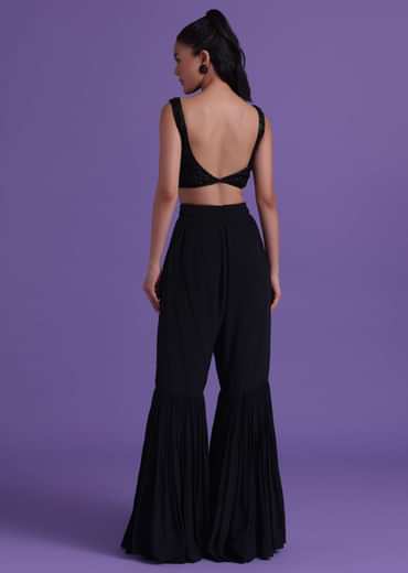 Black Cut Dana Embroidered Sharara And Blouse Set With Shrug in Satin