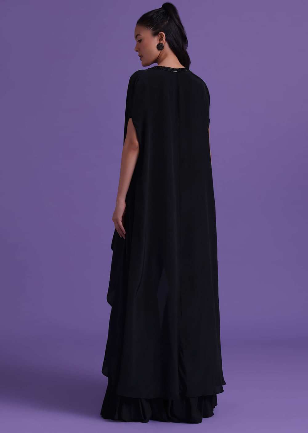 Black Cut Dana Embroidered Sharara And Blouse Set With Shrug in Satin