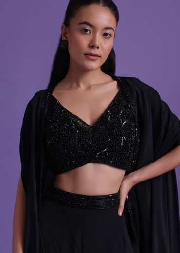 Black Cut Dana Embroidered Sharara And Blouse Set With Shrug in Satin