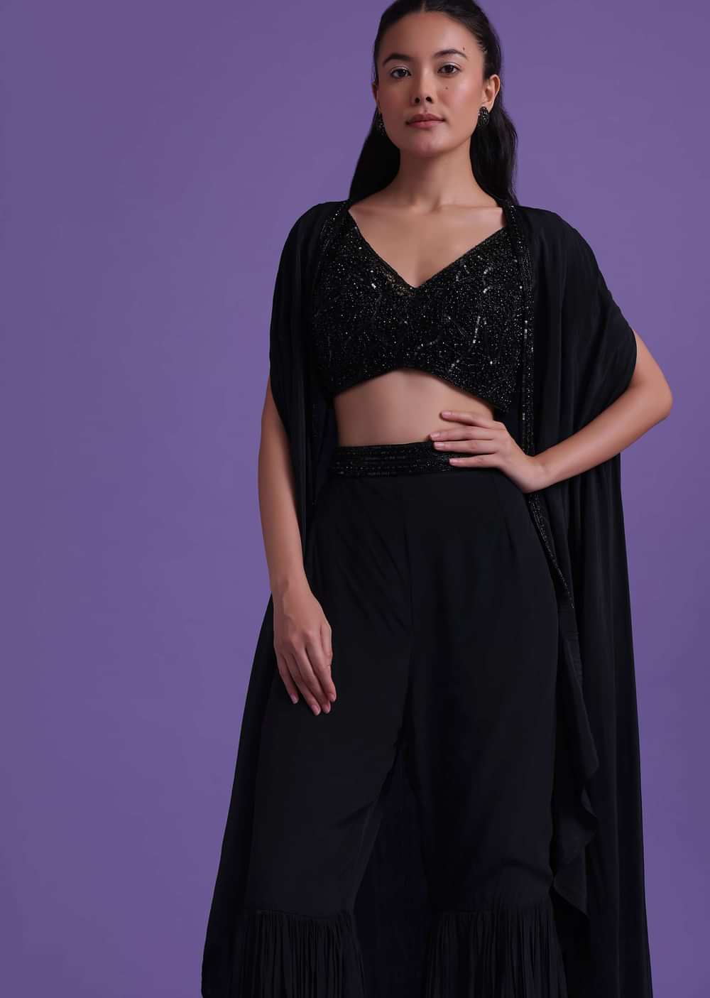 Black Cut Dana Embroidered Sharara And Blouse Set With Shrug in Satin