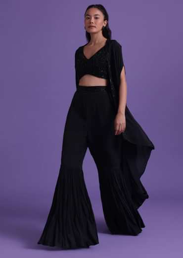 Black Cut Dana Embroidered Sharara And Blouse Set With Shrug in Satin