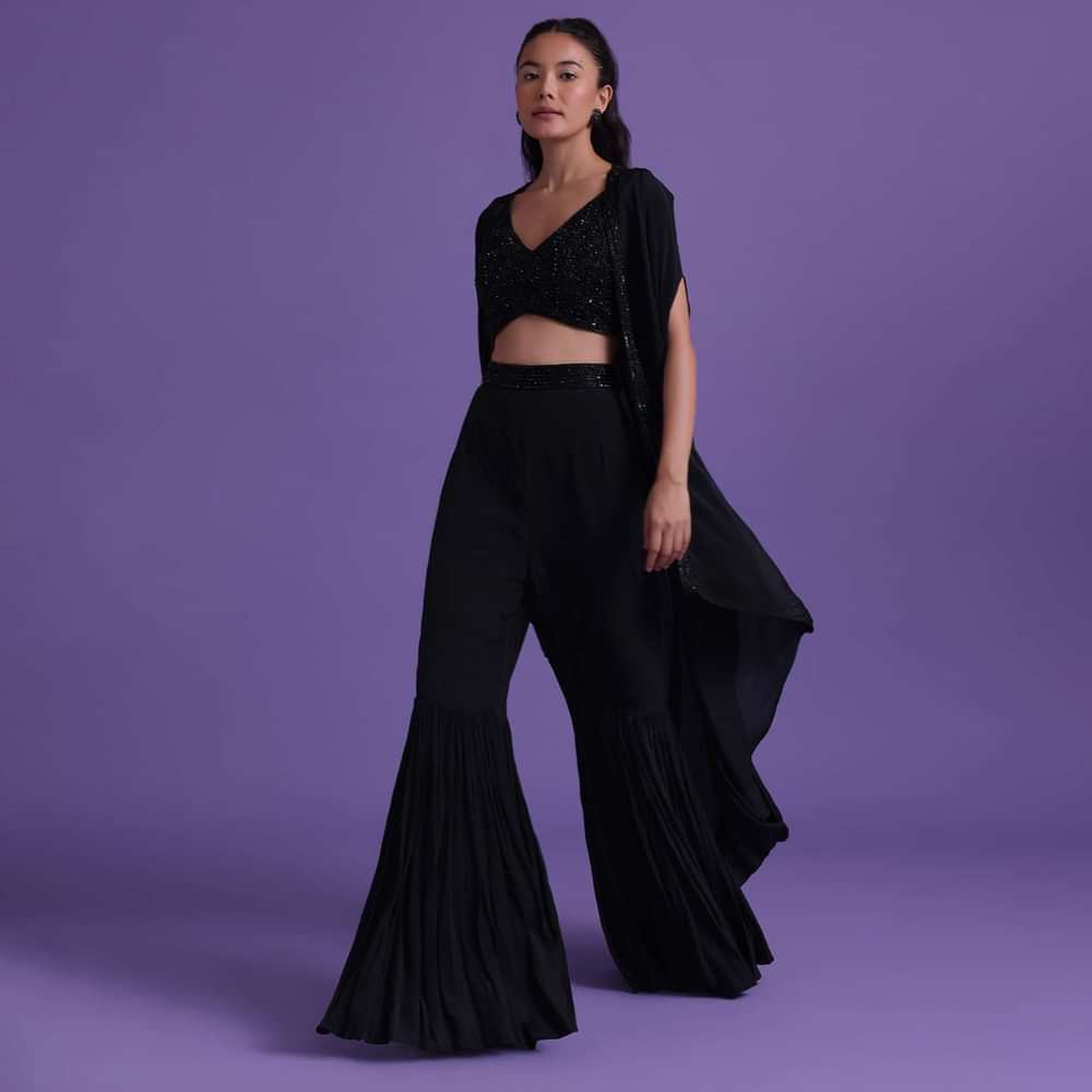 Black Cut Dana Embroidered Sharara And Blouse Set With Shrug in Satin