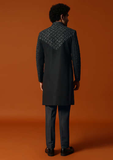 Black Cutdana Embroidered Indowestern Suit For Men