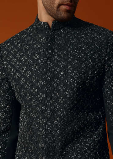 Black Cutdana Embroidered Indowestern Suit For Men