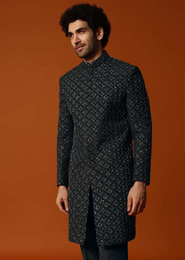 Black Cutdana Embroidered Indowestern Suit For Men