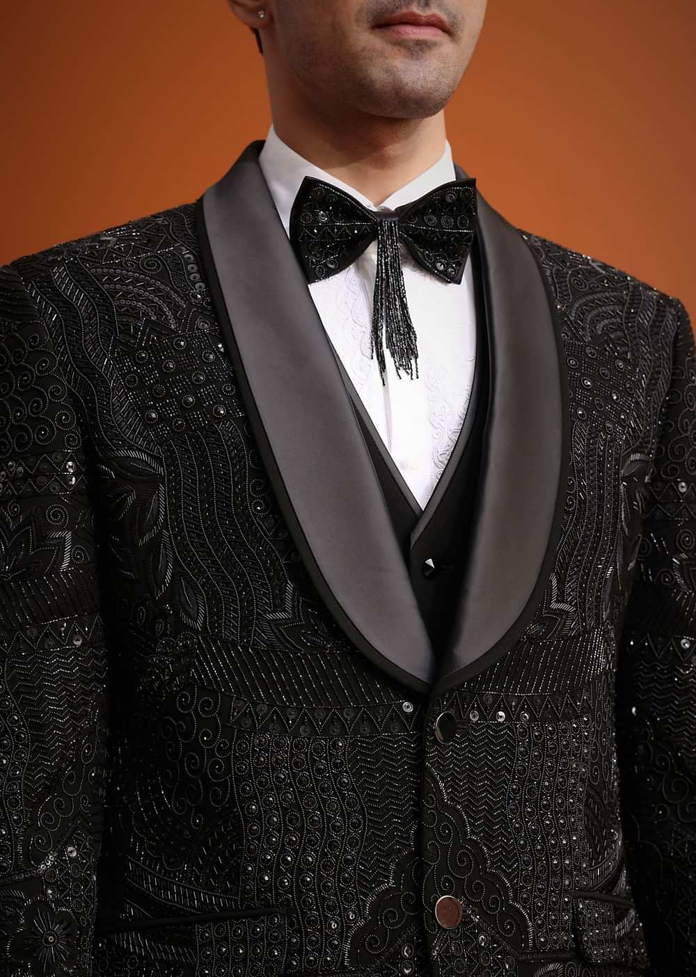 Black Cutwork Stone Embellished Tuxedo Set