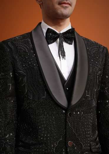 Black Cutwork Stone Embellished Tuxedo Set