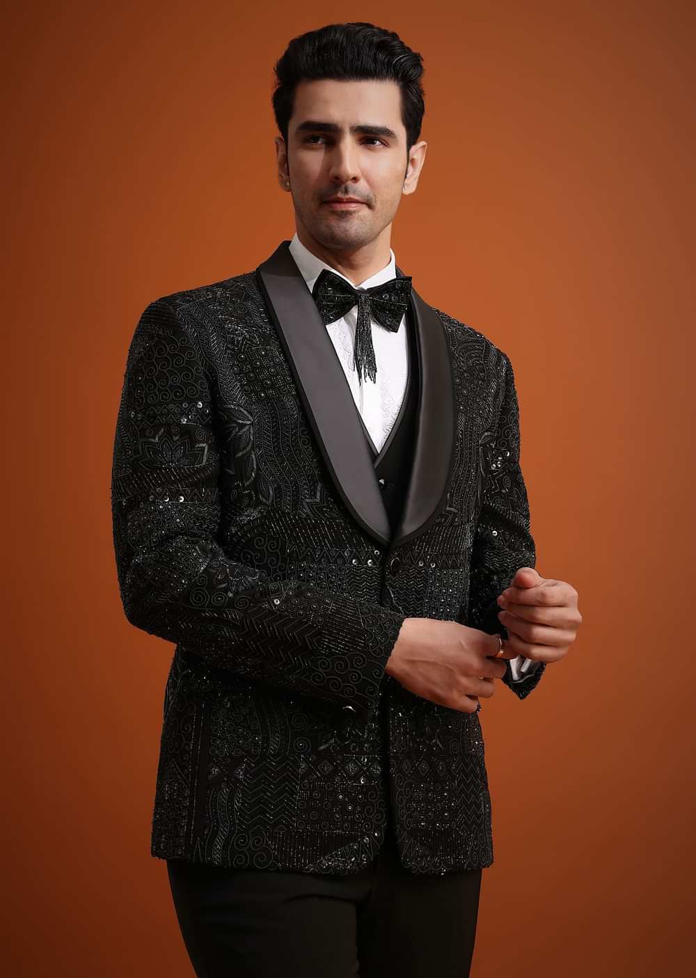 Black Cutwork Stone Embellished Tuxedo Set