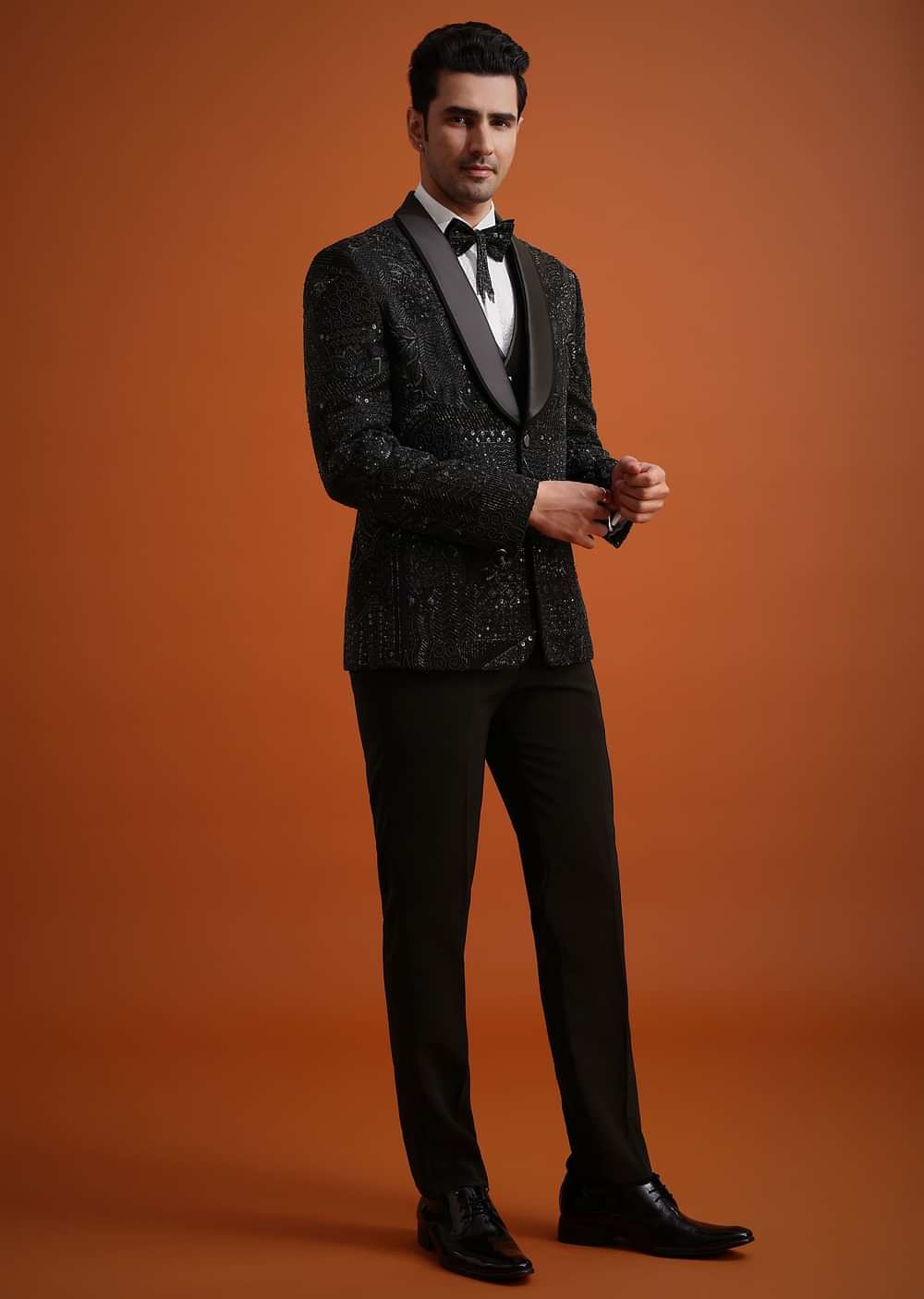 Black Cutwork Stone Embellished Tuxedo Set