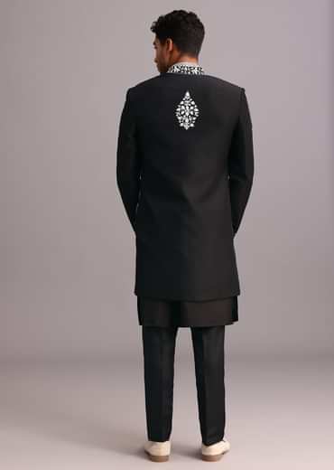 Black Dola Silk Thread Embroidered Sherwani Set
